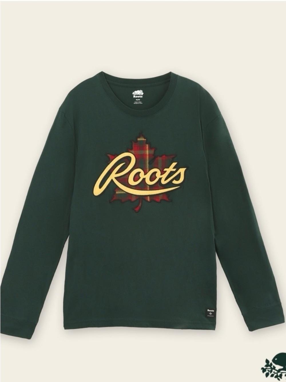 Roots Dark Green Long Sleeve Tee with Plaid Maple Logo Large